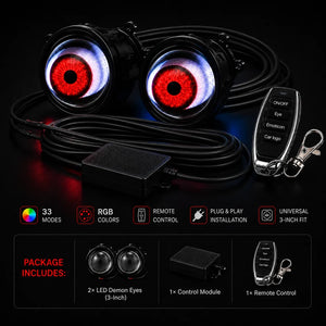 Two black LED doll-eye tail lights with red and blue illuminated centers, shown with a black remote control, power module, and keychain clip on a dark background. Text at the bottom lists included accessories and features such as RGB colors, remote control, plug-and-play installation, and 3-inch fit.