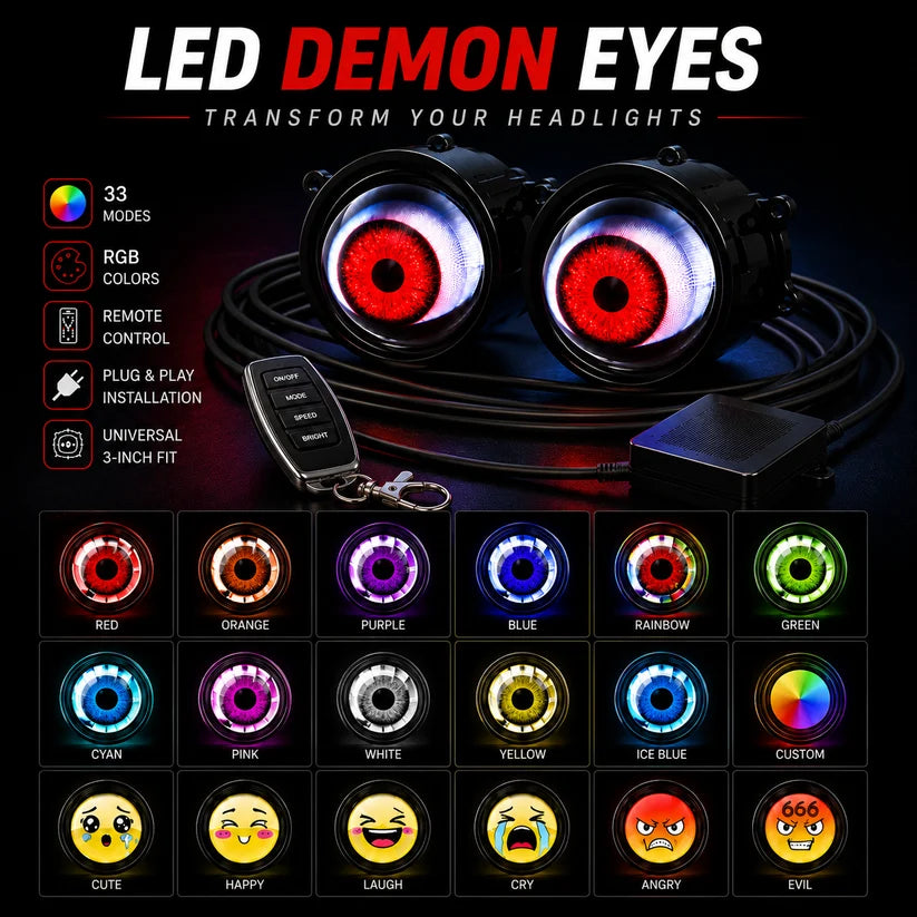 LED demon eyes headlight light bar kit with two circular light units showing red glowing eyes, a remote control, a power adapter, and a grid of color options below on a black background.